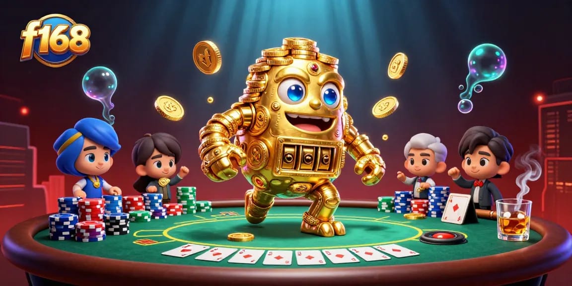 Experience thrilling action at f168 with a dynamic casino illustration featuring gold golems and poker elements.