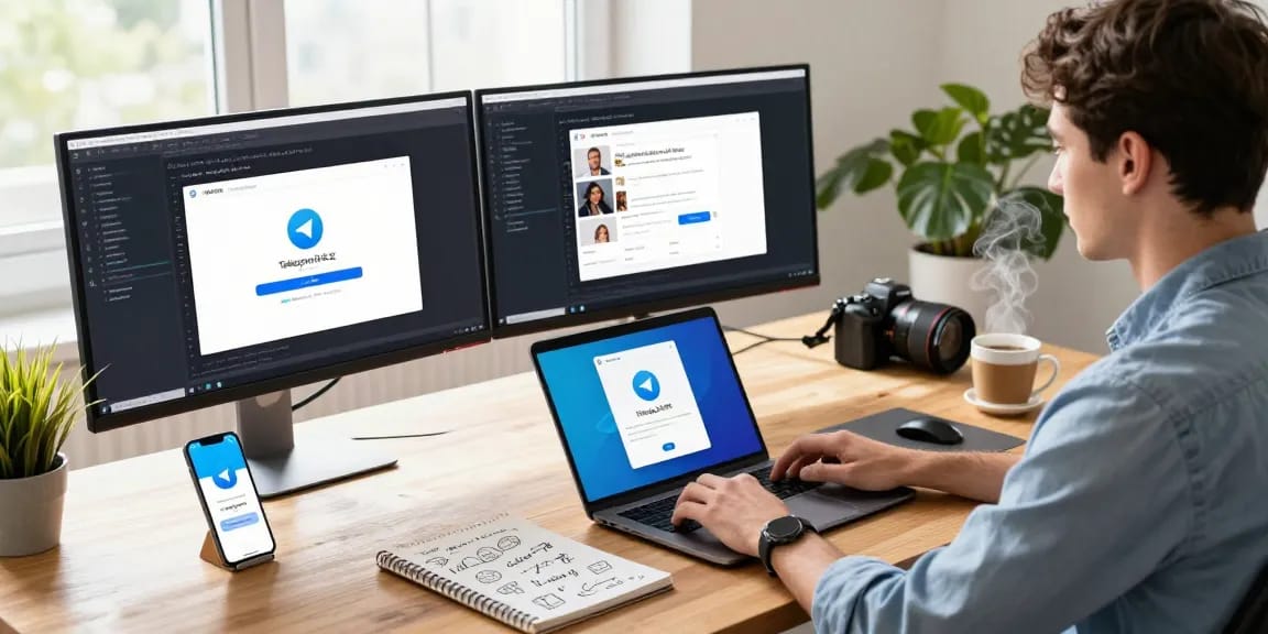 Explore Telegram中文 messaging app setup in a vibrant tech workspace environment