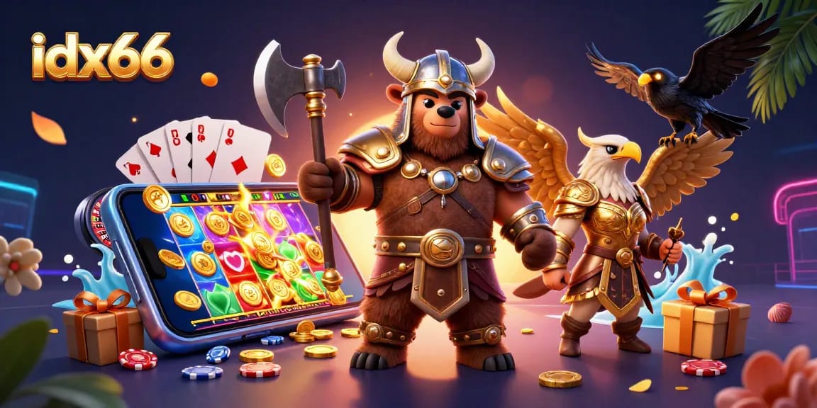 Permainan slot idx66 dengan peluang menang tinggi dan karakter ikonik bermain di layar.