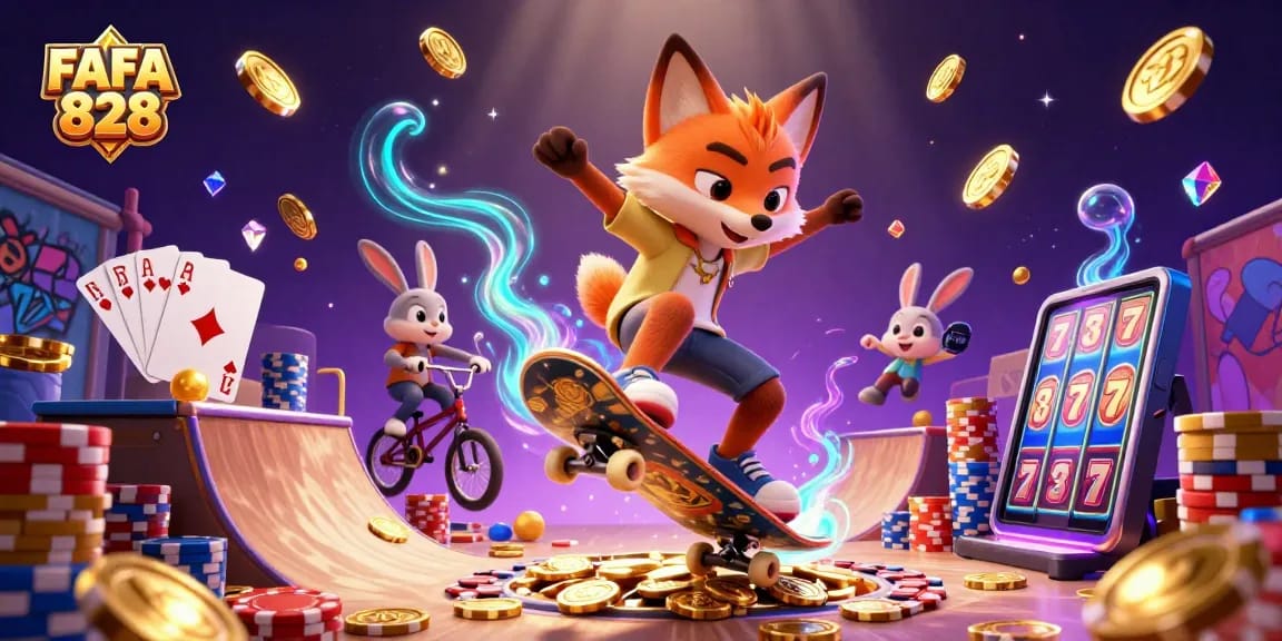 Experience FAFA 828 with a vibrant scene of cartoon characters showcasing fun and excitement in the casino world.