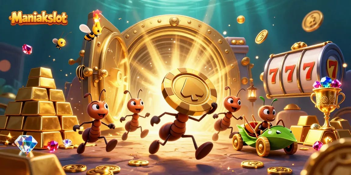 Experience the thrill of Maniakslot with a heist-themed 3D illustration featuring ants, poker chips, and casino symbols.