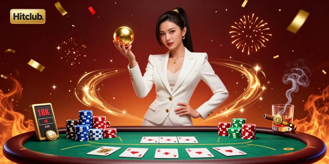 Engage with Hitclub's thrilling casino experience, featuring a confident woman holding a roulette ball amidst vibrant gaming elements.