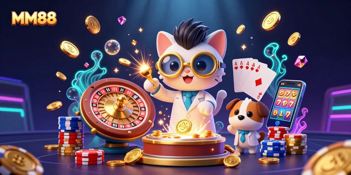 Experience exciting gaming moments at MM88 with vibrant casino elements, golden coins, and cheerful characters.