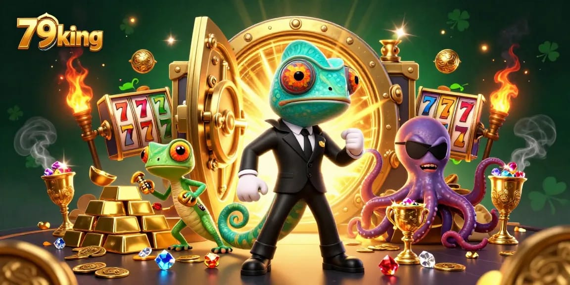 Spin the reels at 79king and uncover hidden treasures in this vibrant casino scene.