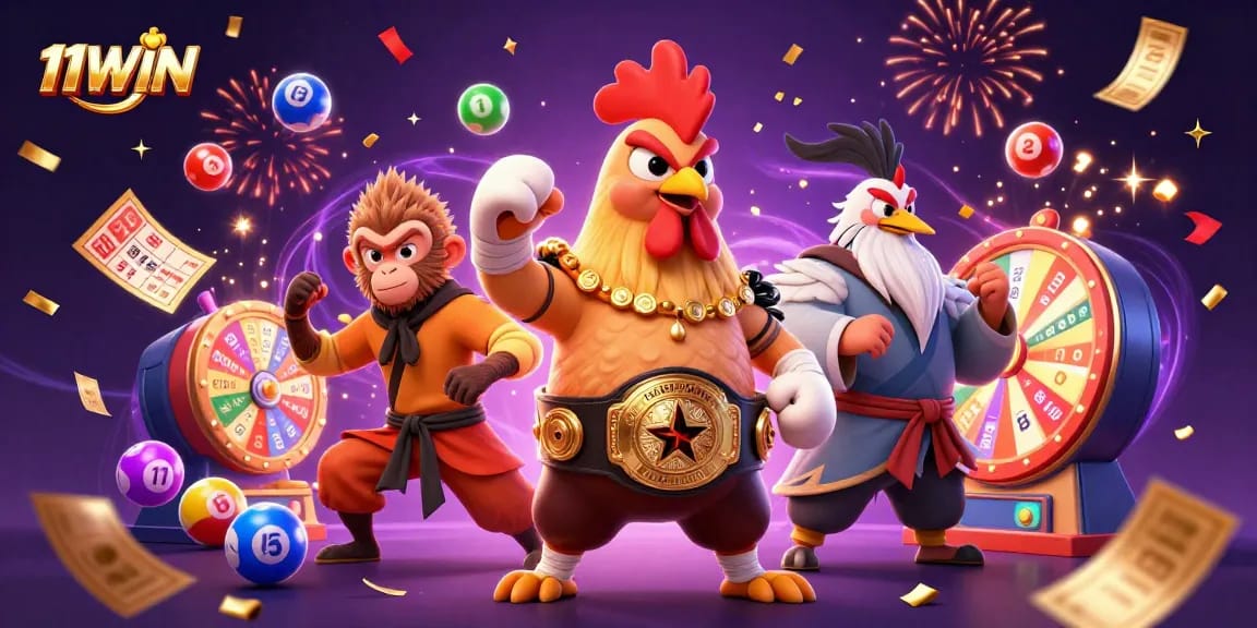 Engage with the 11WIN dynamic illustration featuring casino characters in action, celebrating luck.