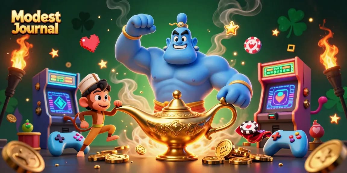 Experience thrilling casino fun with Modest Journal's enchanting genie and vibrant gaming elements.