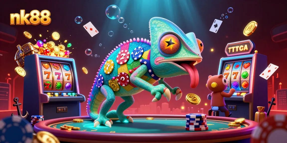 Spin the slots with nk88's chameleon casino owner collecting golden coins amidst a vibrant, lively scene.