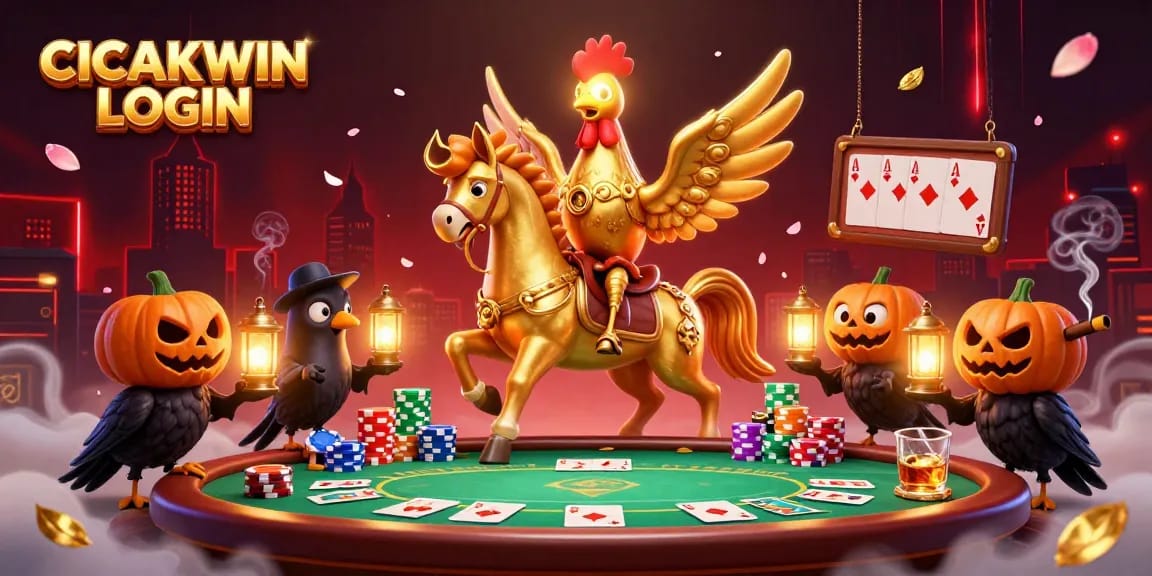 Experience the excitement of CICAKWIN LOGIN with an illustration of a golden rooster in a vibrant casino.