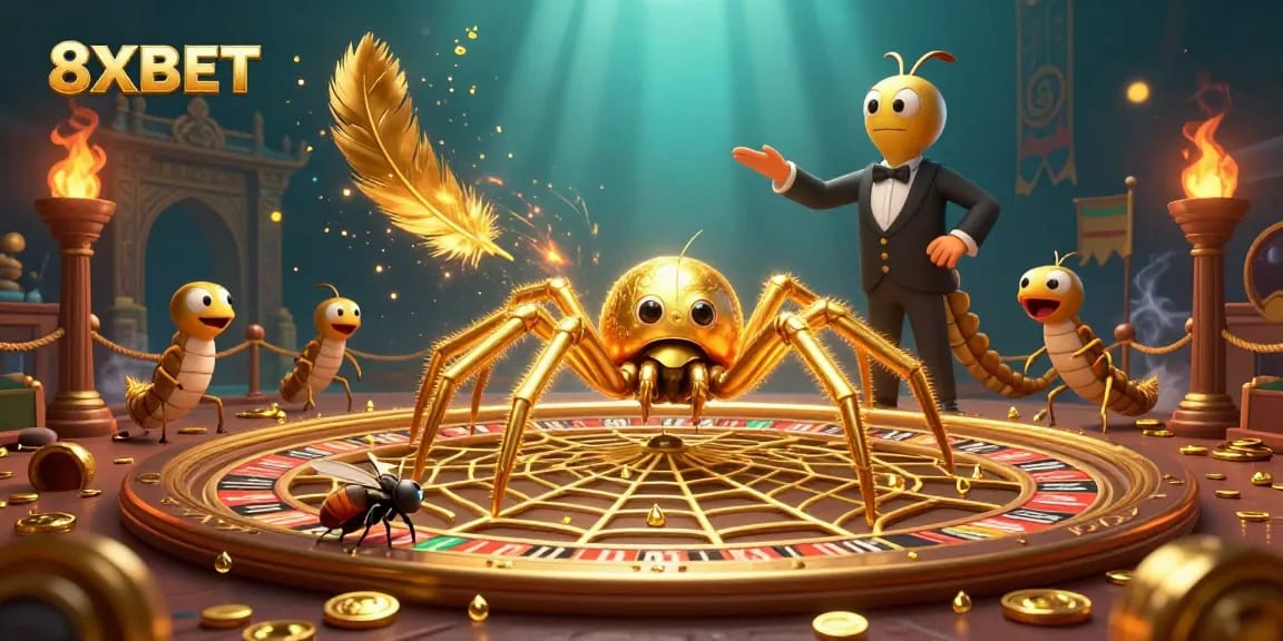 Engage with 8XBET's unique gambling scene featuring a golden web roulette and a centipede croupier.