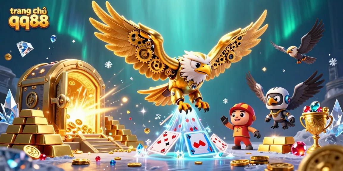 Experience thrills at trang chủ qq88 with a dynamic 3D casino illustration of a cybernetic eagle diving through holographic cards.