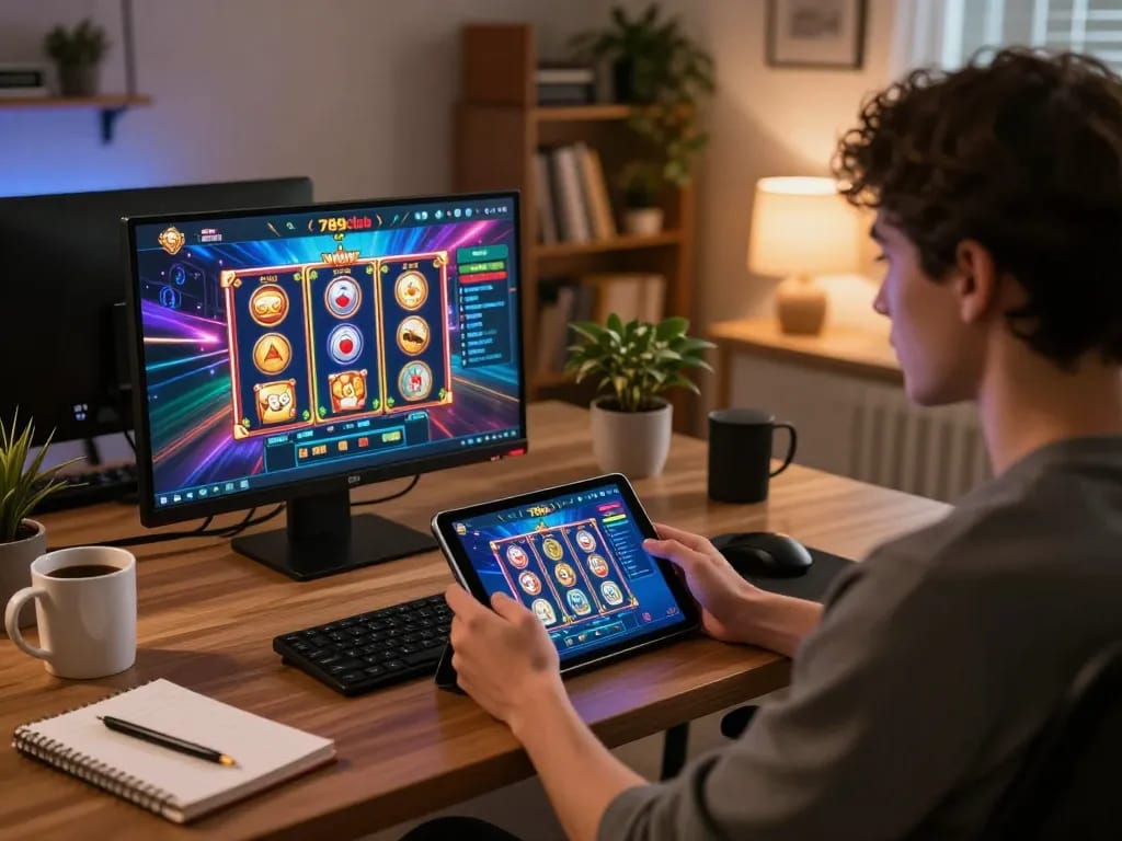 Engaging with 789club app during online gaming session at home, cozy setup.