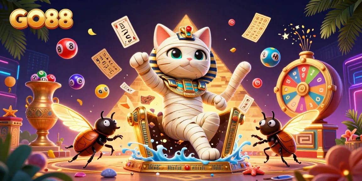 Experience the excitement of GO88 as the mummy cat bursts from a sarcophagus in a vibrant casino.