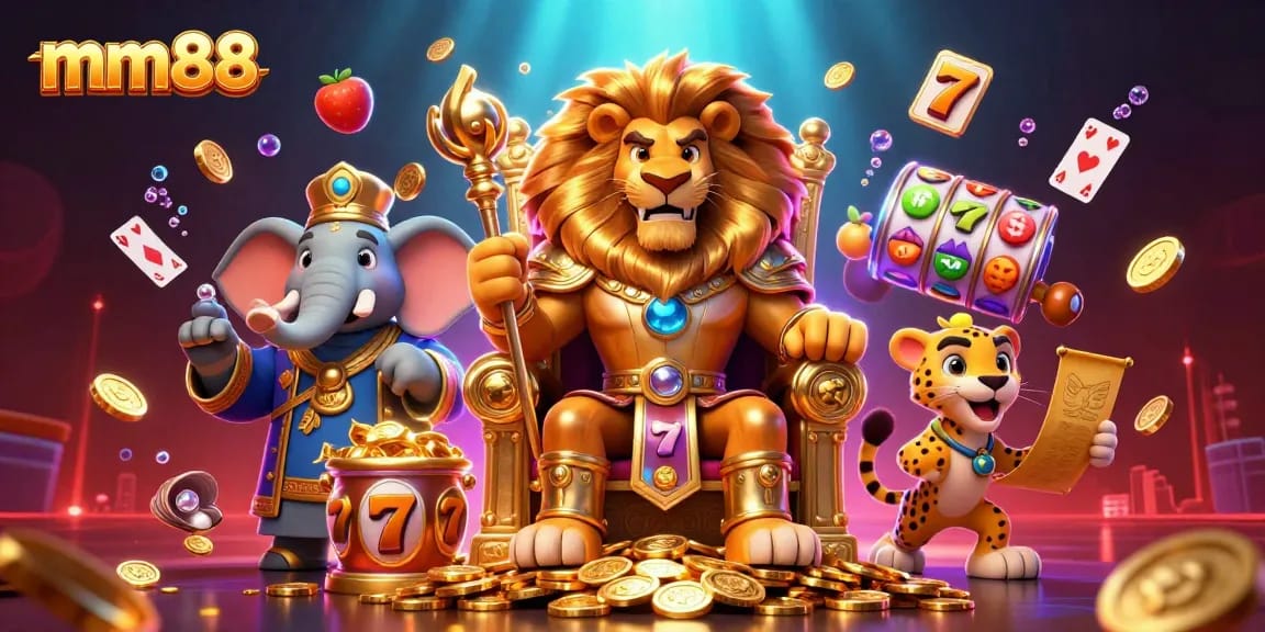 Experience the thrill of mm88 with a cartoon lion king, wealth symbols, and dynamic casino elements.