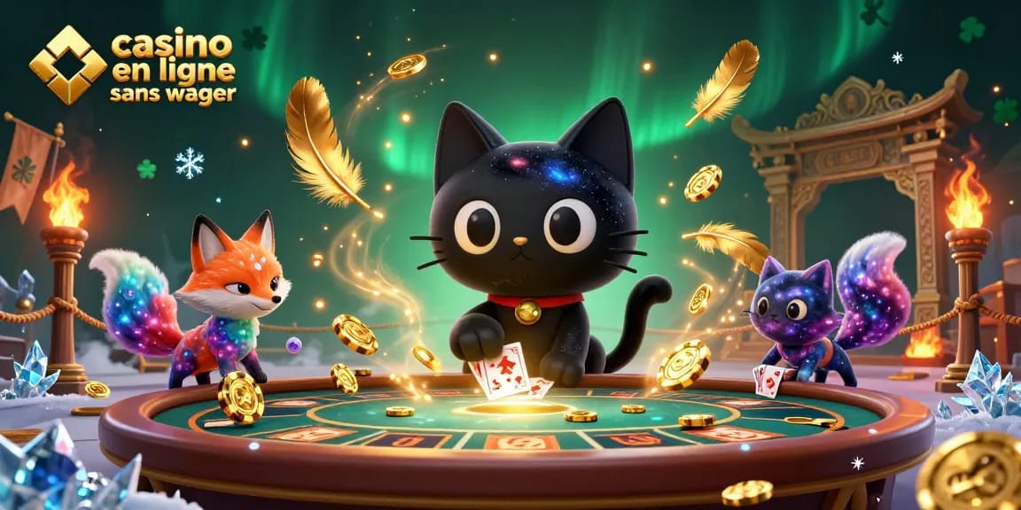 Illustration captivante de casino en ligne sans wager avec un chat noir gravitationnel et un renard coloré.
