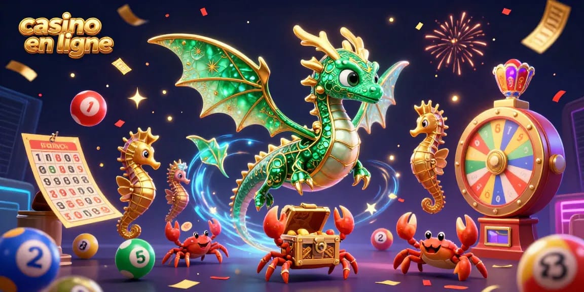 Illustration de casino en ligne montrant un dragon de mer flottant avec des éléments de jeux et des billets dorés.