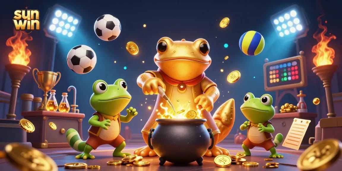 Sun win captures a vibrant casino scene with a golden salamander alchemist and sports elements.