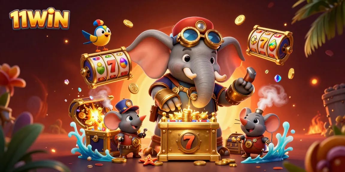 Spin to win with 11WIN: A vibrant 3D illustration featuring a steampunk elephant at a slot machine.