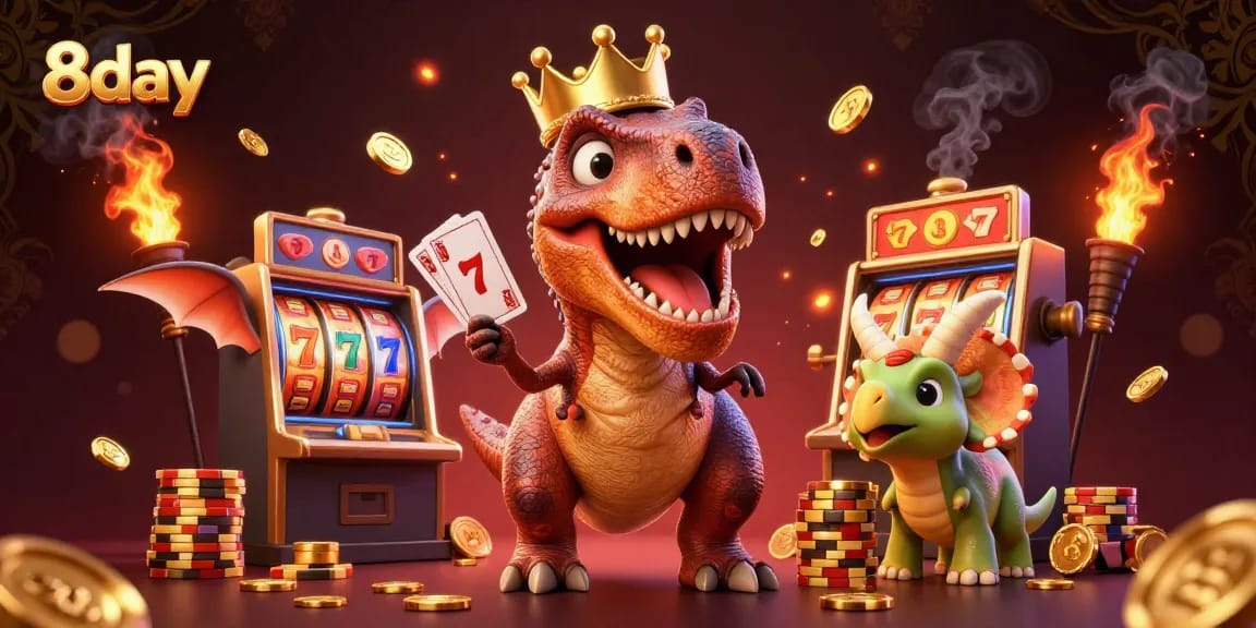 8day showcases an entertaining slot machine scene featuring friendly dinosaur characters and vibrant casino elements.