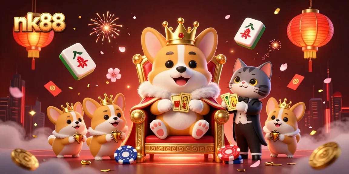 Experience thrilling gameplay at nk88 with a vibrant 3D illustration showcasing decorated corgis in a festive casino atmosphere.