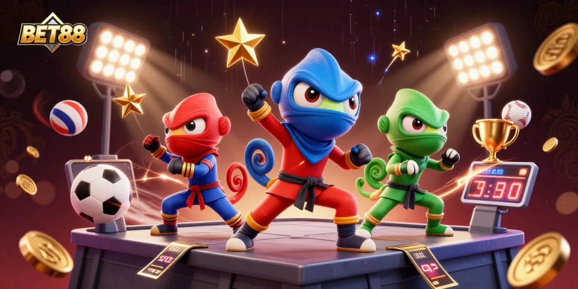 BET88 showcases a colorful chameleon team synchronizing martial arts above sports elements, enhancing excitement.