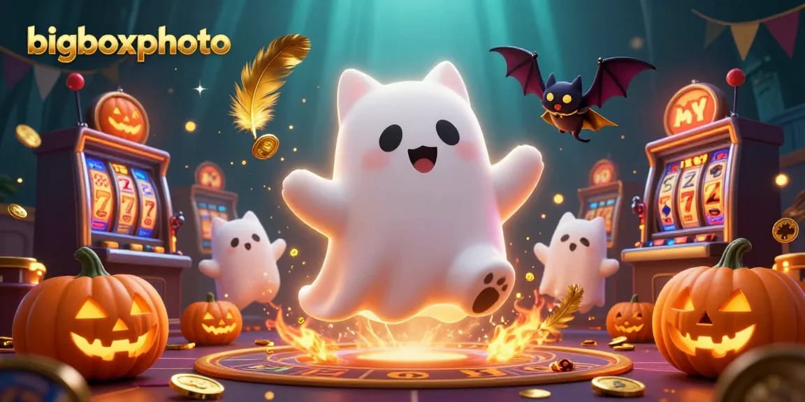 bigboxphoto reveals a playful ghost cat winning in a vibrant casino scene full of jackpots.