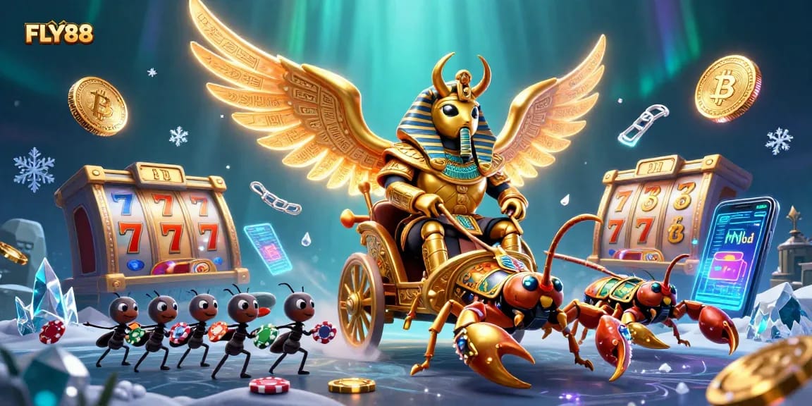 FLY88 offers thrilling slot games with a dynamic golden scarab scene in a vibrant casino atmosphere.
