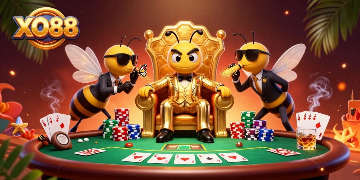 Engage with thrilling games at XO88, featuring a bumblebee mob boss in an extravagant casino setting.