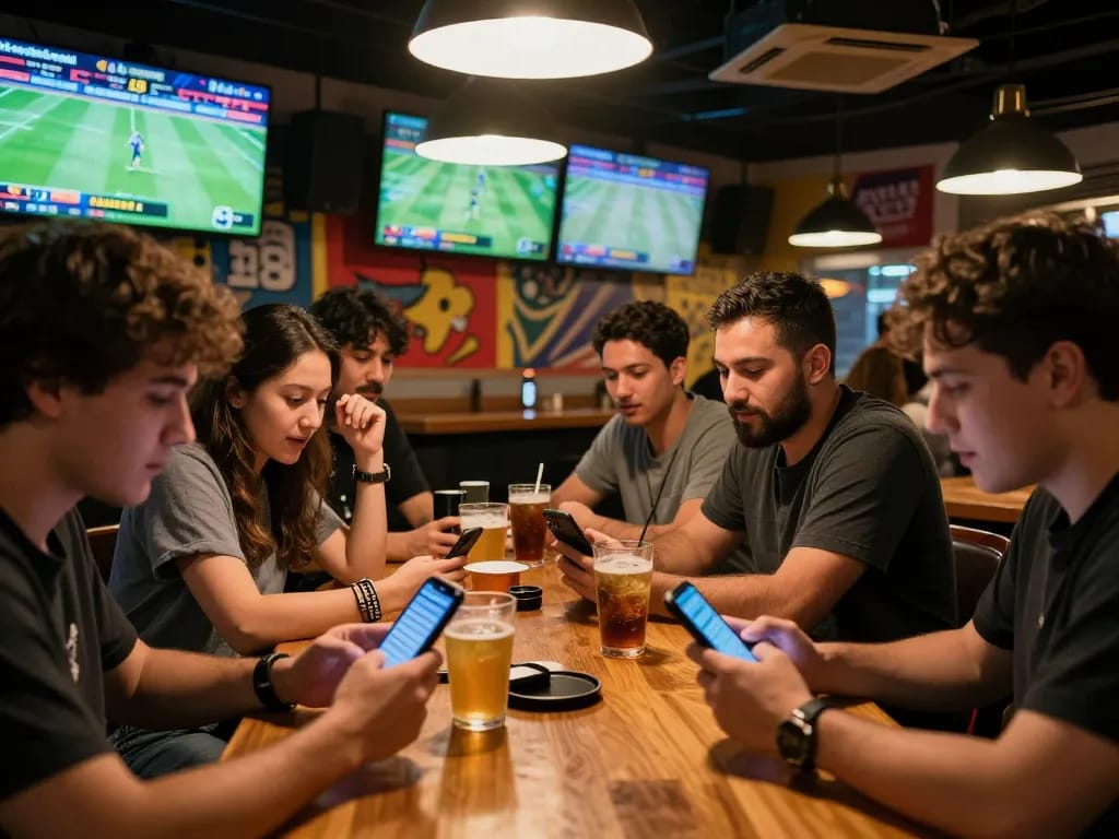 Friends placing bets on keonhacai 88 at lively sports bar with multiple screens and drinks.