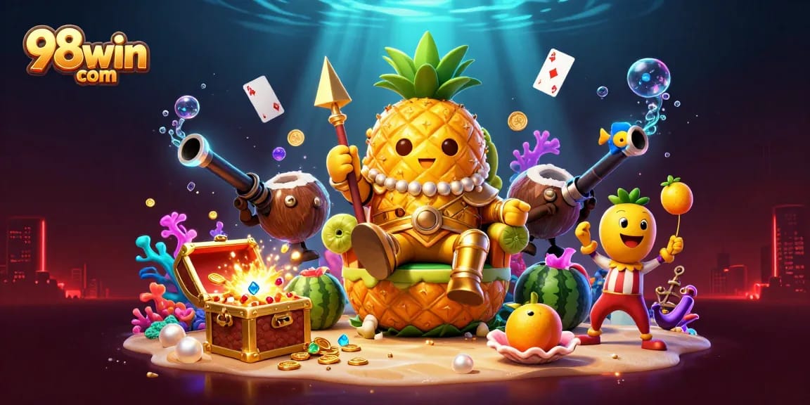 Win big at 98win com with vibrant casino-themed characters and colorful games featured in this lively illustration.