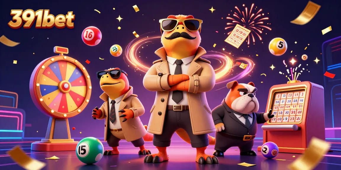 Engage with 391bet's exciting gaming world featuring raptors in a trench coat at a casino entrance.