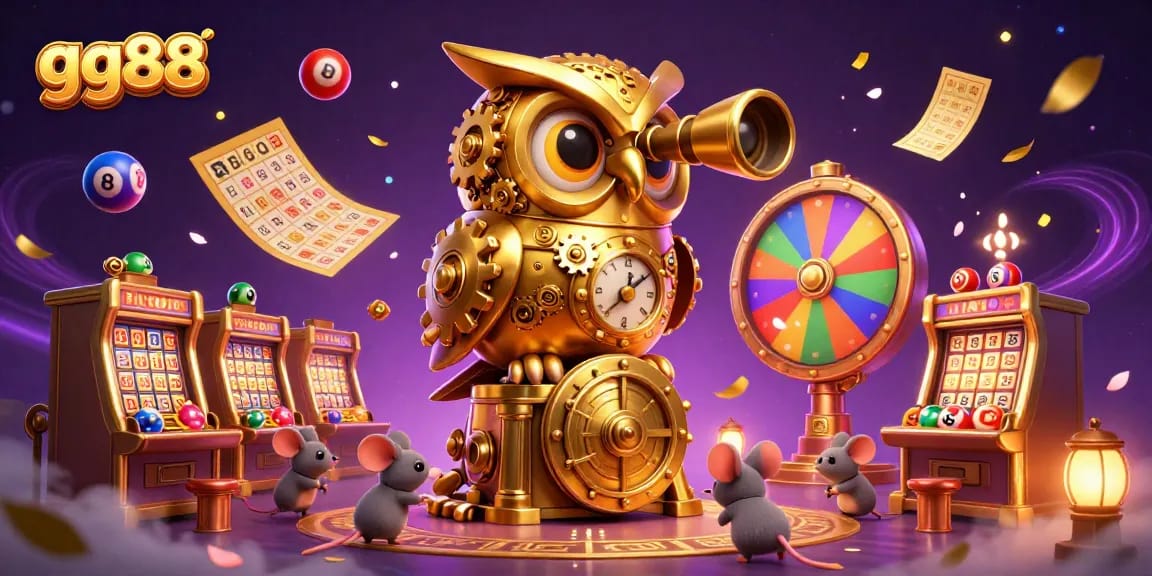 Experience gg88 excitement with a golden owl surveying a vibrant casino scene full of game elements.