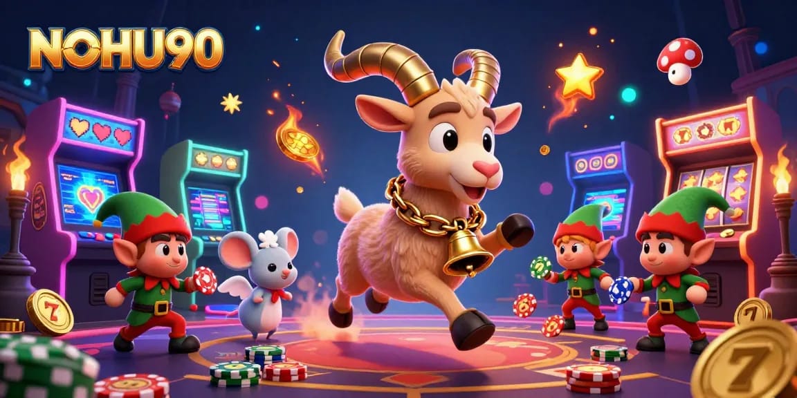 Experience the thrill of NOHU90 at a lively casino featuring whimsical characters and engaging gaming elements.
