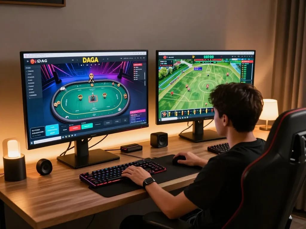 Player engaging in strategic betting on dagago platform with dual monitors showcasing gaming action.