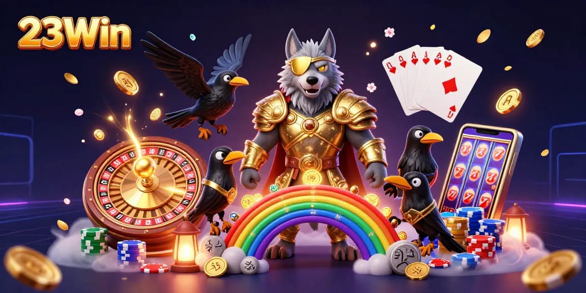 Experience the thrill of 23Win with a dynamic illustration of Norse mythology characters in a casino world.