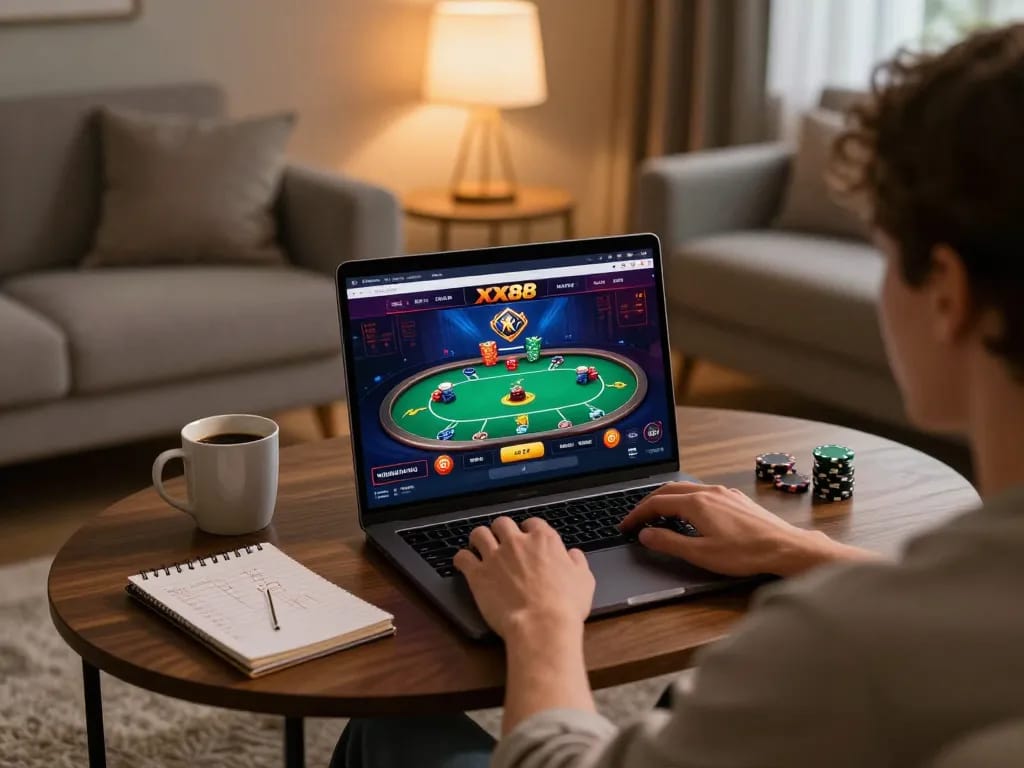 A player engaging with the XX88 online casino showcasing a strategic poker game interface