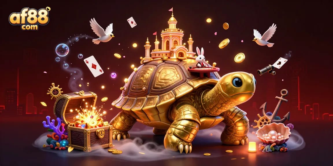 Engage with af88 com's thrilling casino experience illustrated by a golden tortoise and rabbit dealer.