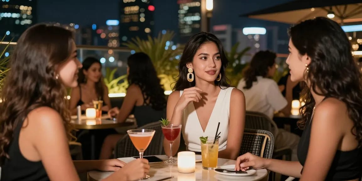 Hình ảnh gái gọi tại quán bar rooftop sang trọng, thể hiện phong cách và không khí vui vẻ.