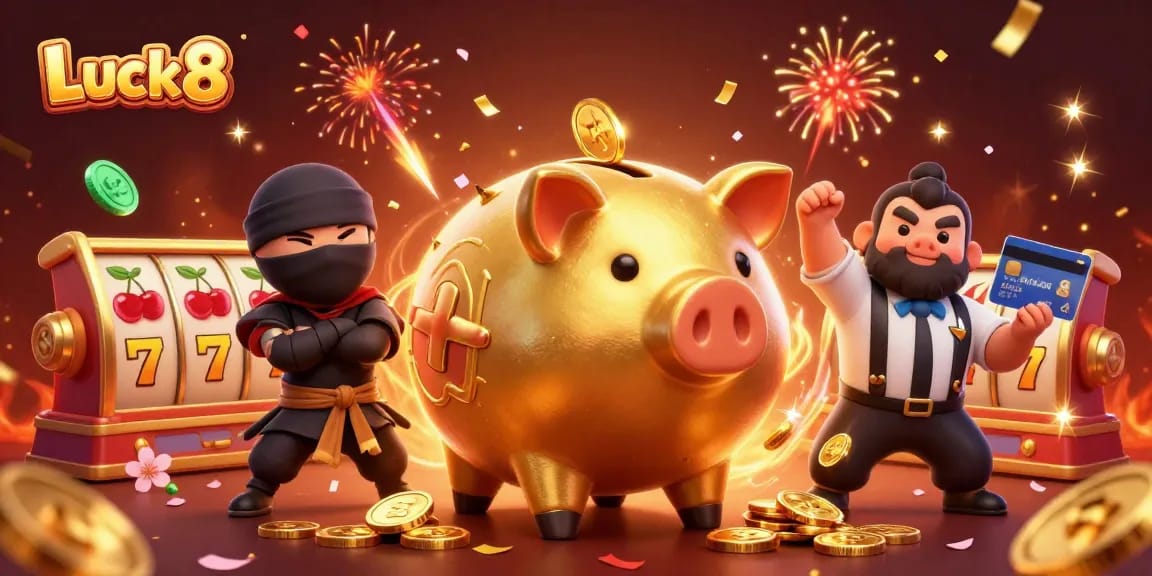 Luck8 showcases an exciting 3D casino scene with a golden piggy bank sumo wrestler surrounded by vibrant slot elements and festive decorations.
