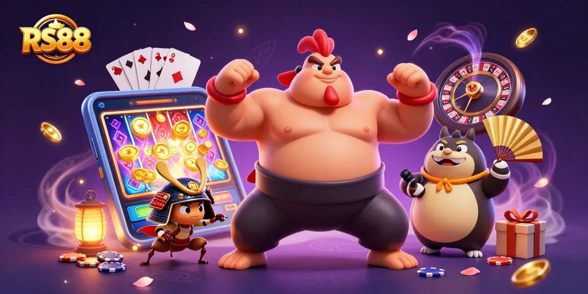 Experience RS88's vibrant games with a sumo wrestler and samurai cricket in a casino setting.