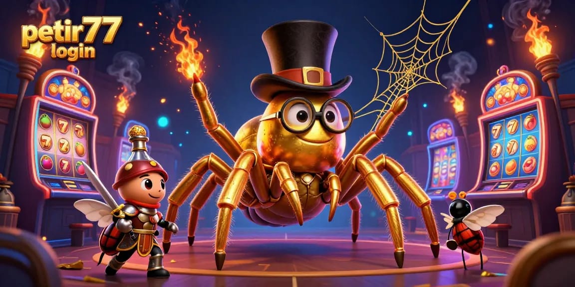 Experience the excitement of petir777 login with a vibrant 3D casino scene showcasing engaging characters and slot machines.