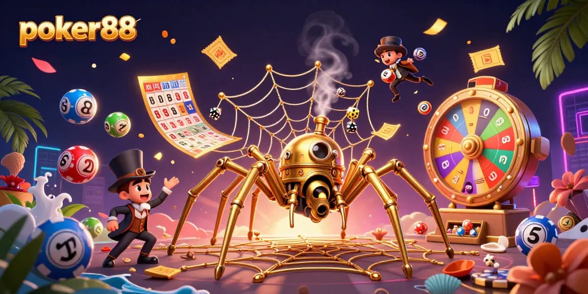 Experience thrilling poker88 action with an intricate web of games and vibrant elements in a dynamic casino scene.