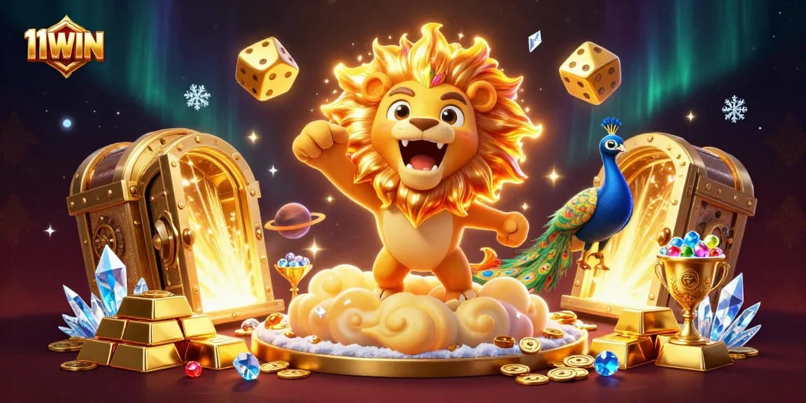 Experience the thrill of 11WIN with vibrant casino elements and a radiant sun lion.