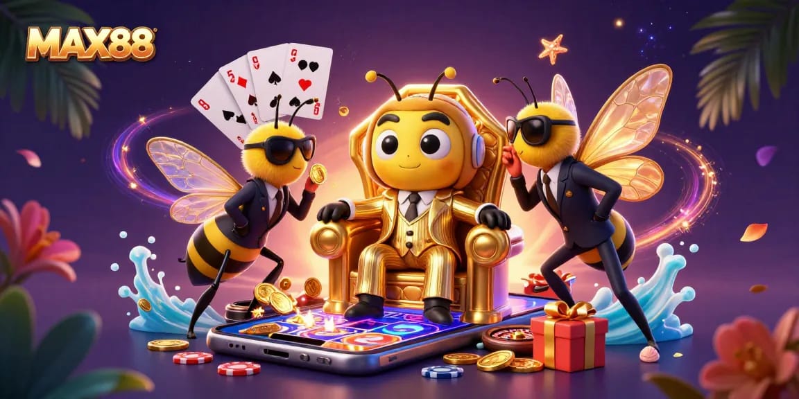 MAX88 casino theme showcasing a vibrant 3D illustration filled with game elements and characters.