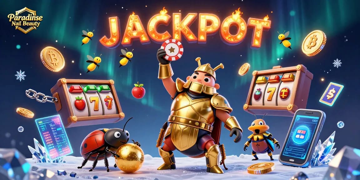 Engage with Paradise Nail Beauty's vibrant slot themes and jackpot excitement in this animated illustration.