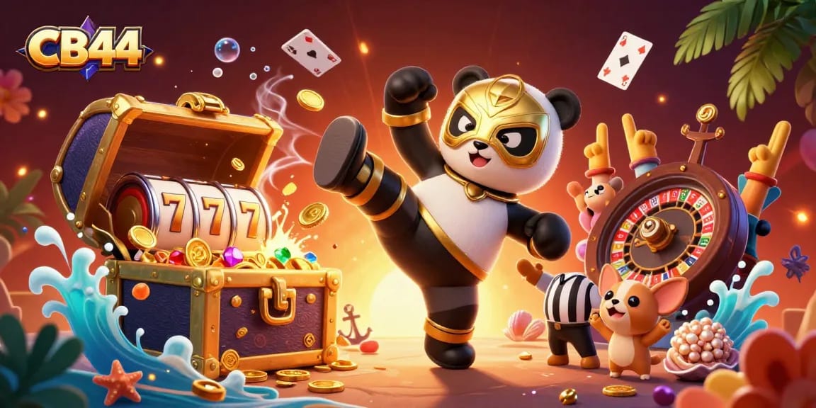 Experience excitement at CB44, featuring a panda wrestler amidst slot reels and animated spectators.