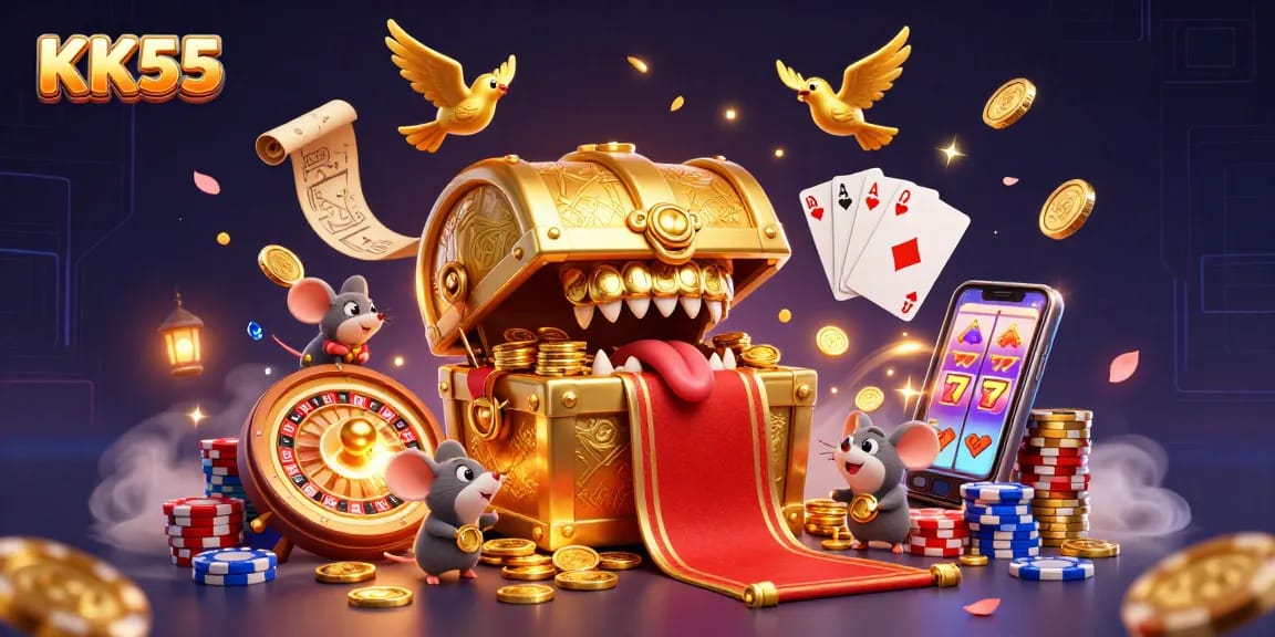 Experience thrilling adventures at KK55's vibrant casino scene with golden coins and exciting games.