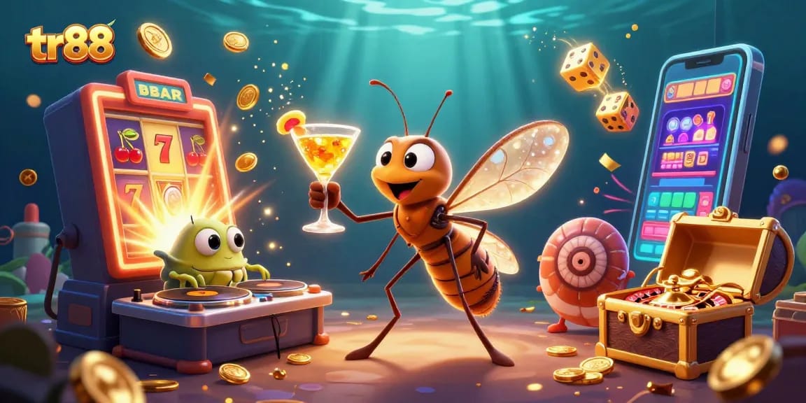 Engage in thrilling tr88 gameplay as a frozen dinosaur mascot and trilobite DJ celebrate with golden cocktails.