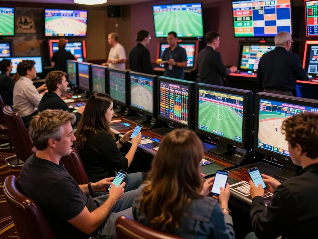 HBET sports betting patrons actively placing bets with multiple game screens in a lively casino.