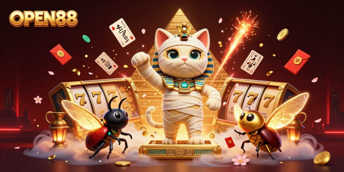 Engage in thrilling gaming at OPEN88 casino with an illustrated mummy cat bursting from its sarcophagus amidst dynamic casino elements.