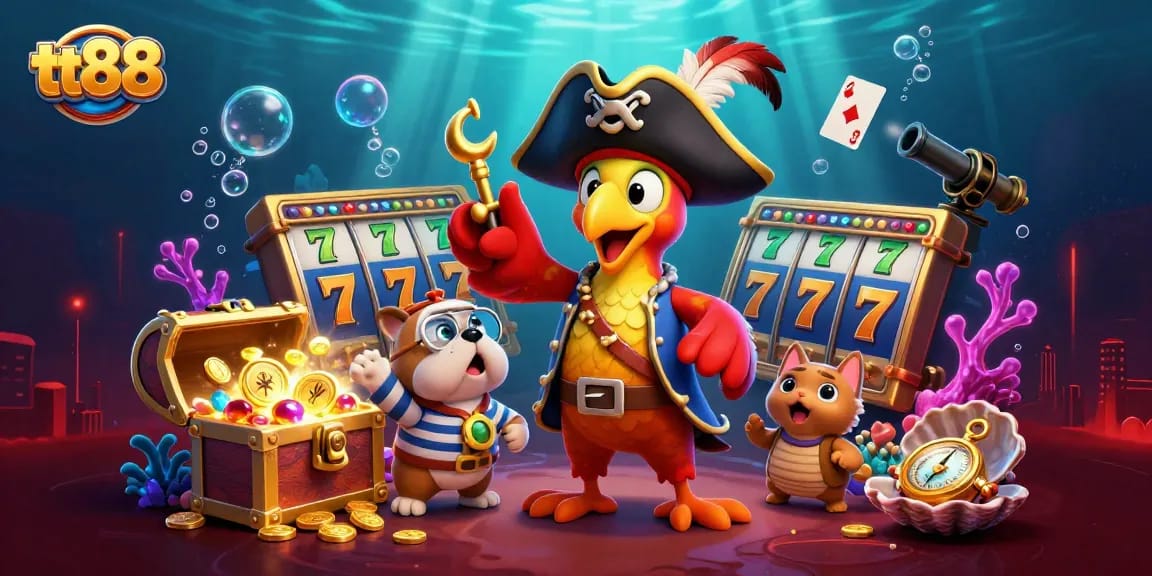 Experience the excitement of tt88 with a vibrant scene featuring characters amid slot and casino elements.
